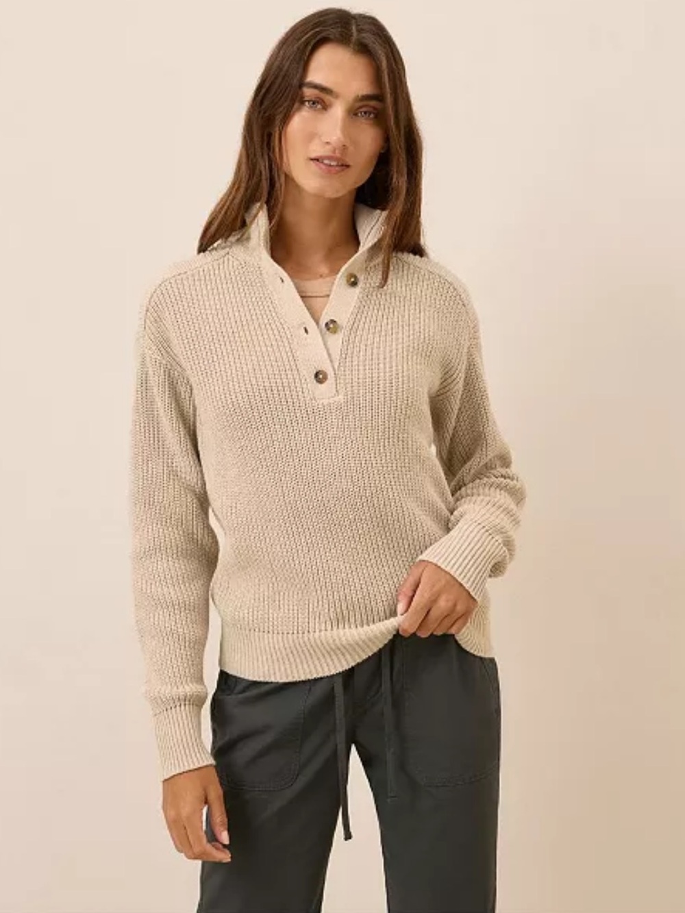 PACT size XXXL Organic Cotton Luxe Knit Henley Sweater in Flax Heather - Beige